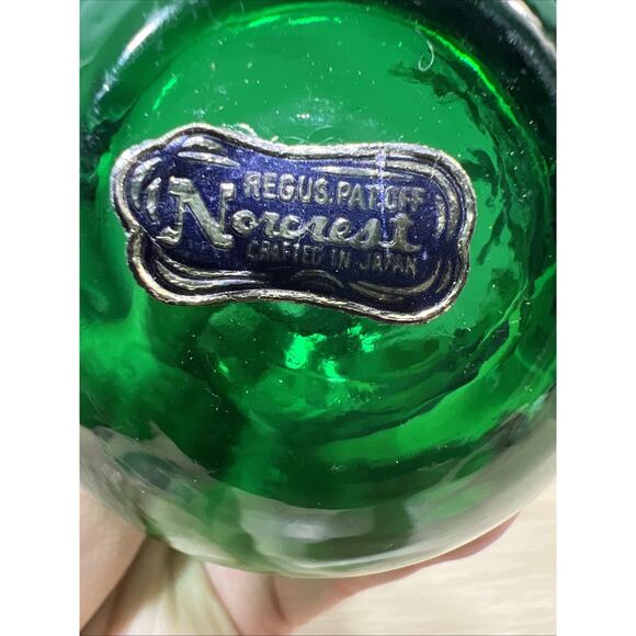 Bohemian Czech Glass Bud Vase Green Gold Trim Hand Painted Raised flowers 8" - Picture 6 of 8